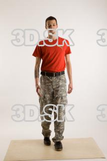 Walking reference of whole body red shirt army jeans brown…